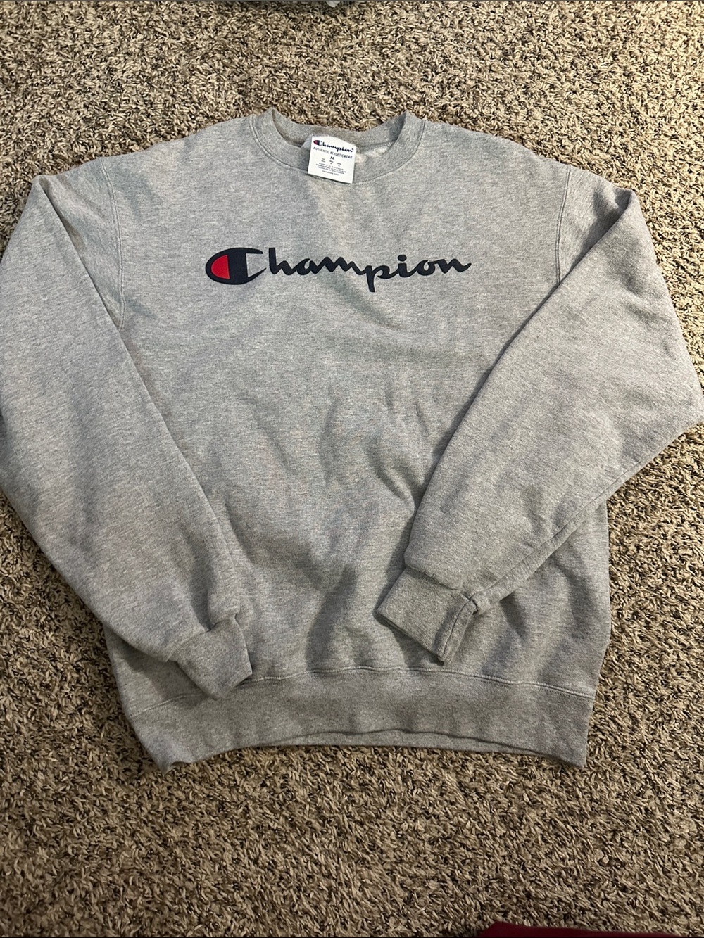 Champion Gray Crewneck Sweatshirt with Script Logo and Red Accent (MRO)